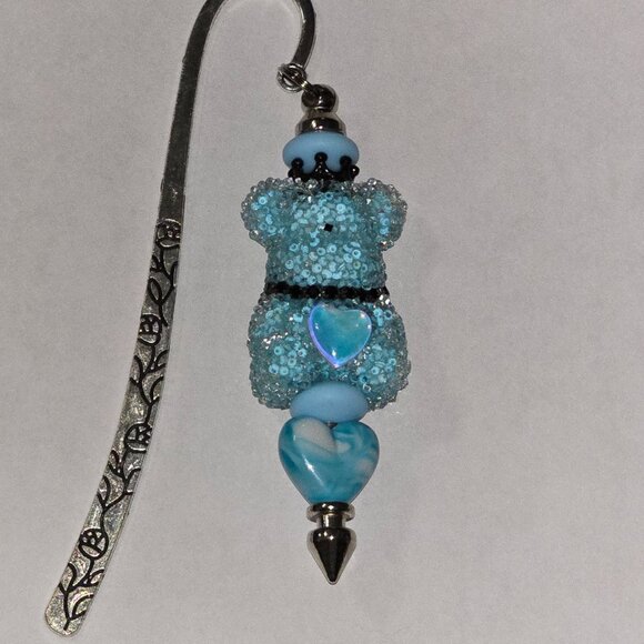 Hand Crafted Beaded Bookmark Bear Sequins Tiara Blues Silver Bookworm Love - Picture 1 of 4